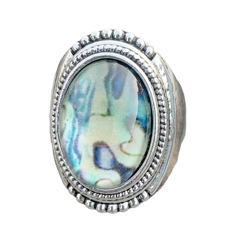 Vintage Silver Large Multicolored Oval Stone Ring